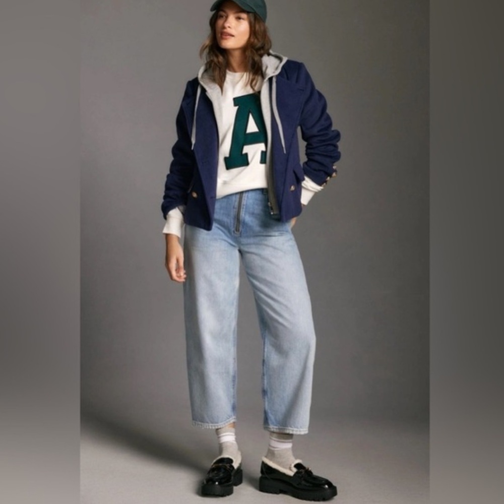 Anthropologie Maeve double breasted Navy  Jacket with gray hood size L euc